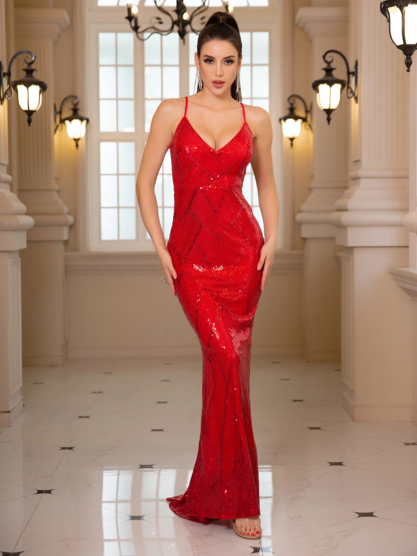 Backless Sleeveless Sequined Evening Dress Gold Red Slim V Neck Mermaid Prom Gown