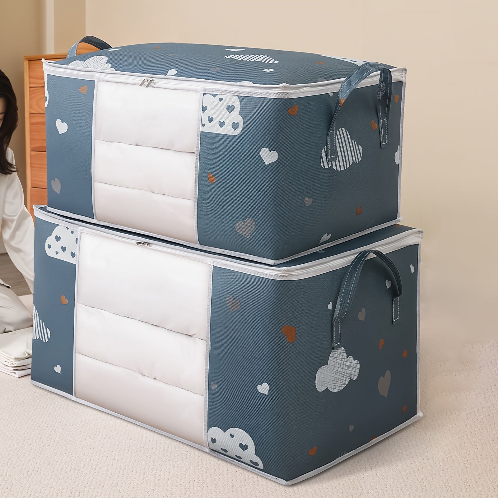 [Large Storage Bag] Large Capacity Clothes Storage Bag | Reinforced Handle, Thick Fabric, Suitable for Quilts, Blankets, Bedding, Foldable with Sturdy Zipper, Transparent Window