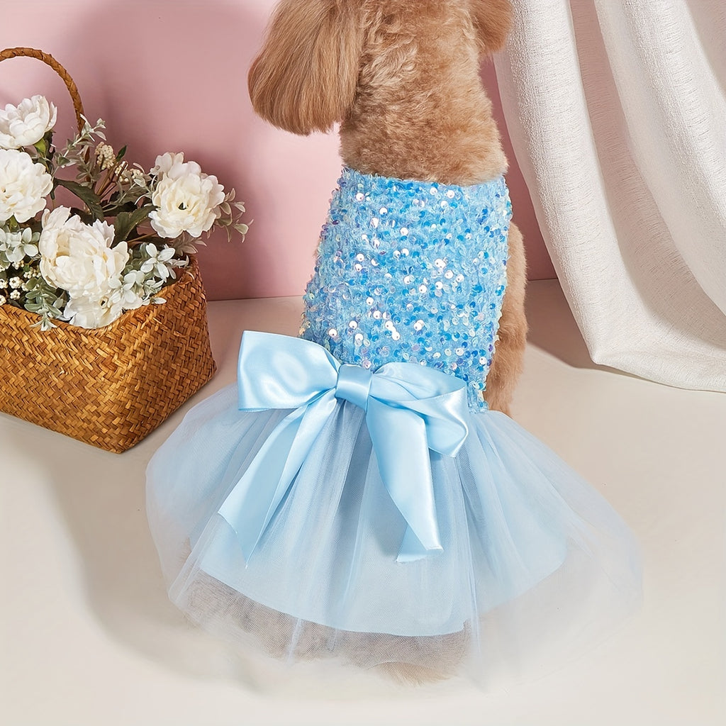 Sparkle and Shine: 1pc Pet Sleeveless Sequin Bow Mesh Dress for Your Furry Friend's Special Occasion!