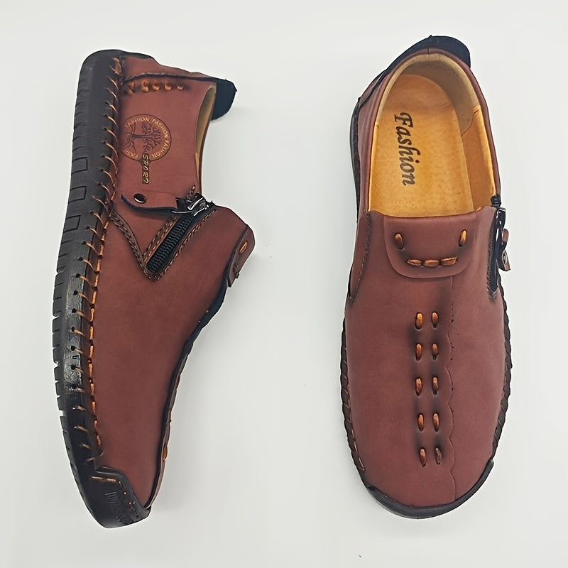 [Vintage Loafers] Handmade Vintage Loafers | Men's Synthetic Shoes with Zipper Closure, Round Toe & Rubber Sole, Brown & Black Design for Casual & Formal Wear, Formal Footwear, Durable Footwear