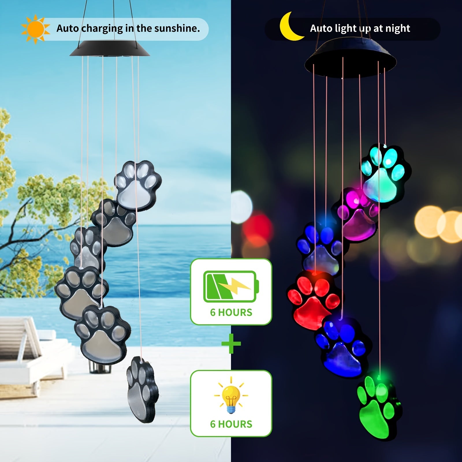 [Solar Wind Chimes] Paw Print Solar Wind Chimes | 1pc | Color Changing Solar Hanging Lights | Outside, Balcony, Patio, Yard Decor | Sympathy Gift for Pet Lover