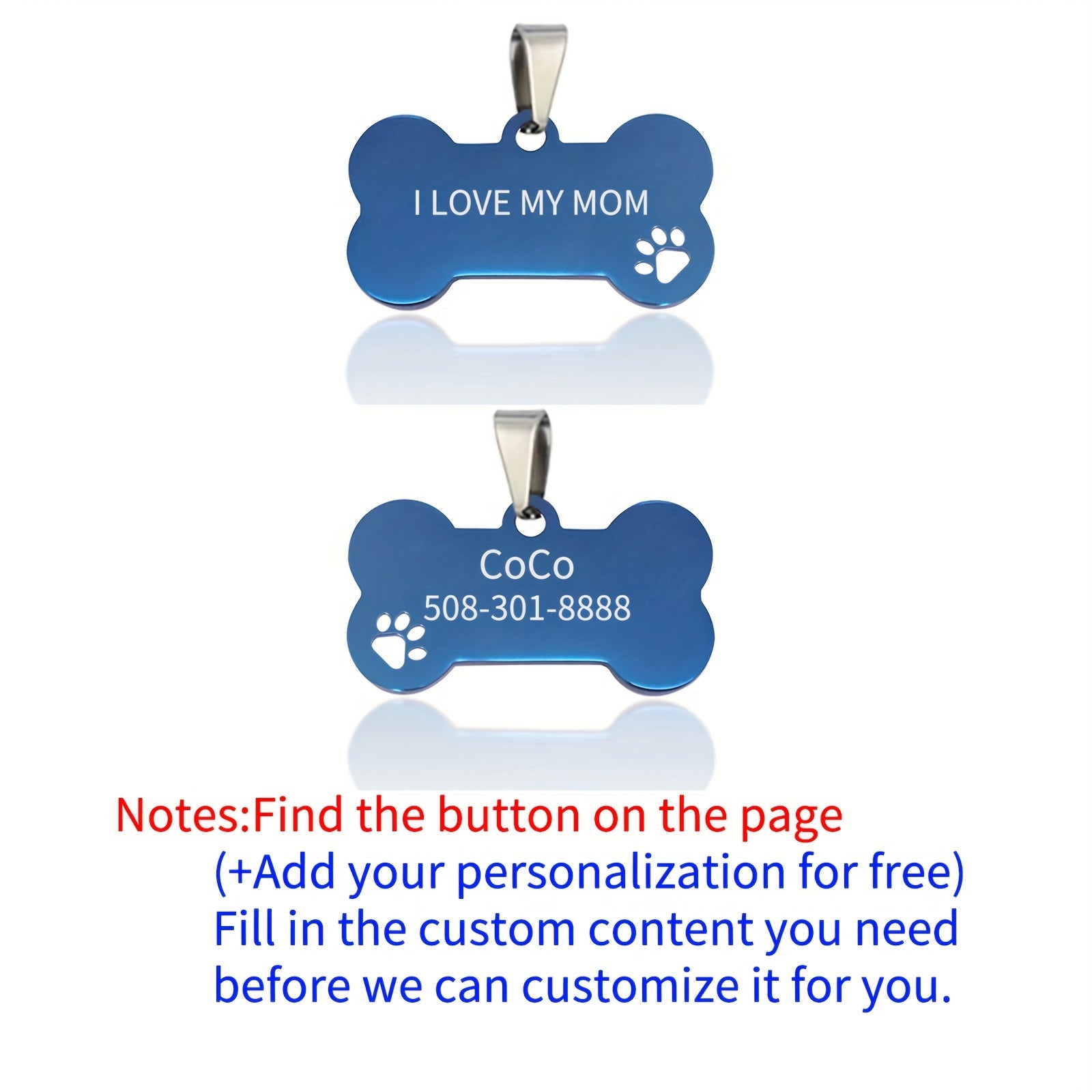 Customized Pet Tag Blue Stainless Steel Custom Dog Tag "I Love My Mom" Collection Dog Id Tag