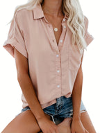 Women'S Short Sleeve V-Neck Button-Up Shirt with Pockets - Light Gray, Casual Summer Top, Perfect for Vacation or Casual Attire, Vacation Clothing | Buttonup Shirt | Glossy Texture
