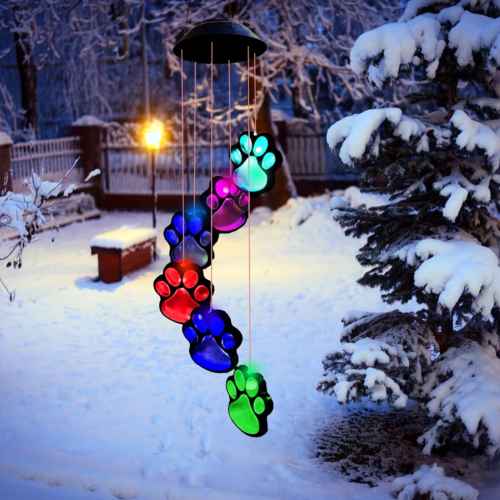 [Solar Wind Chimes] Paw Print Solar Wind Chimes | 1pc | Color Changing Solar Hanging Lights | Outside, Balcony, Patio, Yard Decor | Sympathy Gift for Pet Lover