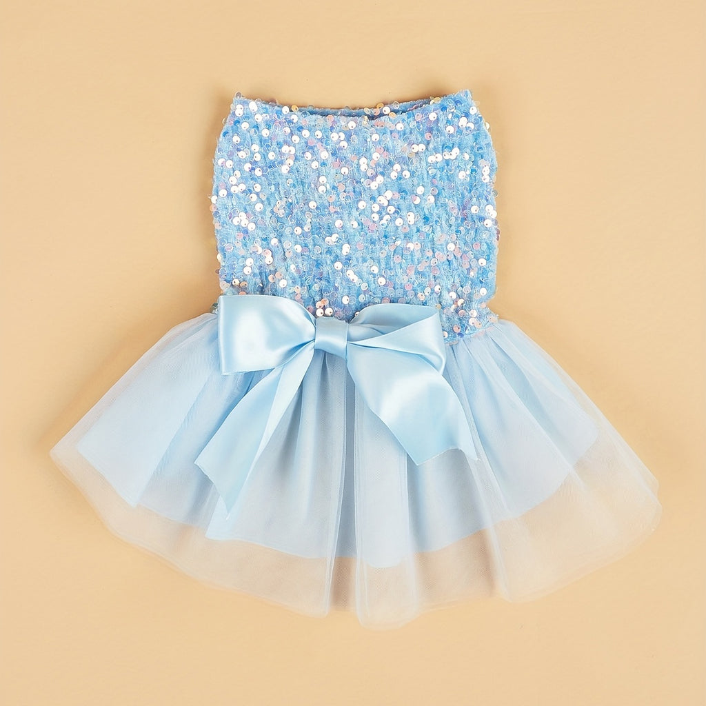 Sparkle and Shine: 1pc Pet Sleeveless Sequin Bow Mesh Dress for Your Furry Friend's Special Occasion!