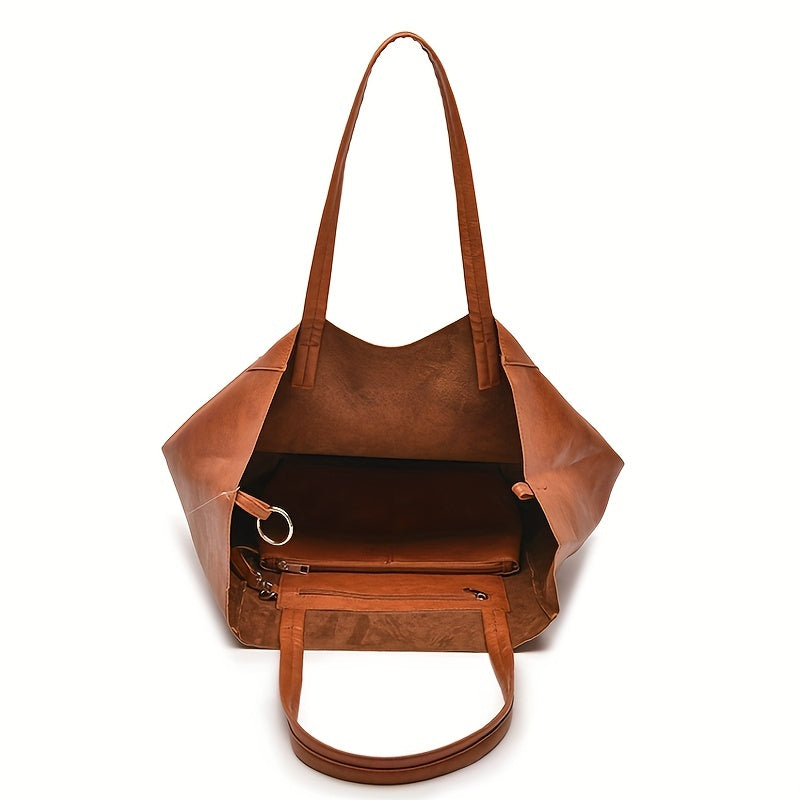 [Large Solid Color Shoulder Bag] Retro Solid Color Shoulder Bag, Vintage Shoulder Bag, Large Capacity Handbag With Inner Bag