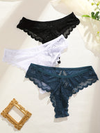 3 Pcs Sexy Lacy Trim Briefs, Breathable Semi-Sheer Thong - Women's Lingerie & Underwear - Lace Trim & Breathable Fabric - For Women - Perfect for Romantic Occasions - Ideal Gift for Her