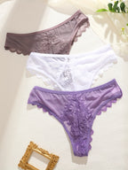 3 Pcs Sexy Lacy Trim Briefs, Breathable Semi-Sheer Thong - Women's Lingerie & Underwear - Lace Trim & Breathable Fabric - For Women - Perfect for Romantic Occasions - Ideal Gift for Her