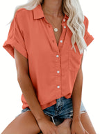 Women'S Short Sleeve V-Neck Button-Up Shirt with Pockets - Light Gray, Casual Summer Top, Perfect for Vacation or Casual Attire, Vacation Clothing | Buttonup Shirt | Glossy Texture