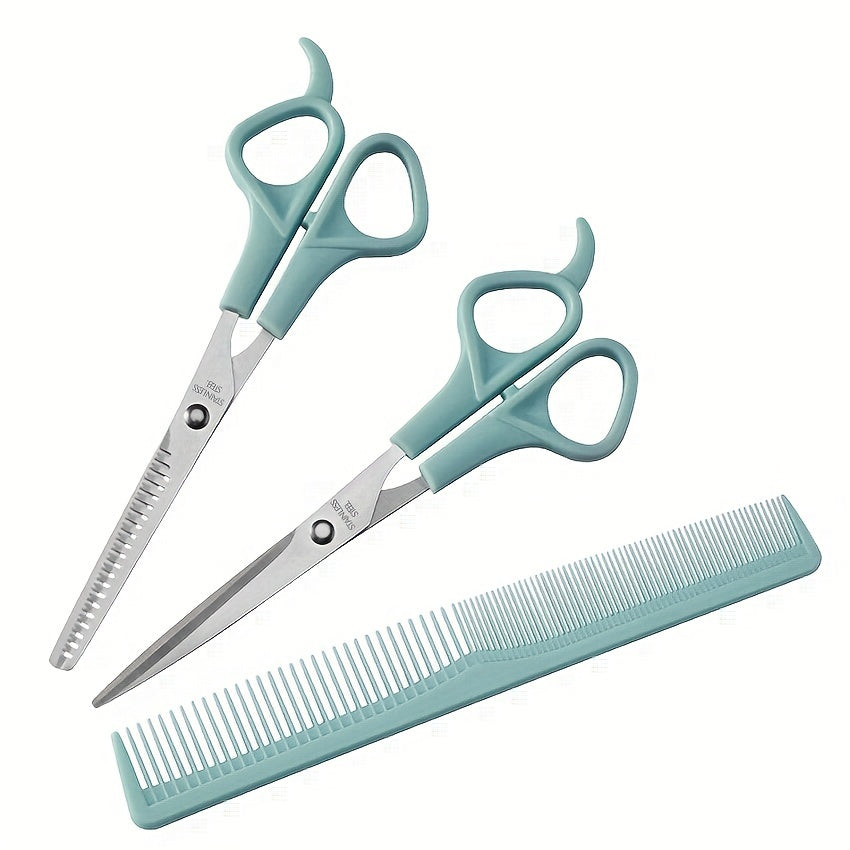 3pcs Professional Hair Cutting Scissors Set With Bangs Teeth, Flat Shears, Comb, And Pet Grooming Tools - Precision Cutting For Salon-Quality Results