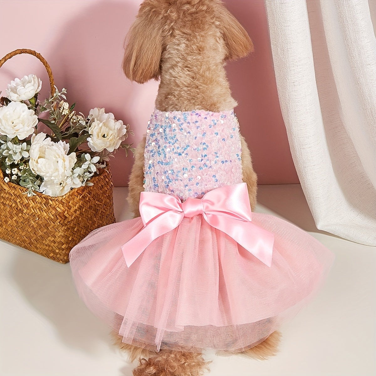 Sparkle and Shine: 1pc Pet Sleeveless Sequin Bow Mesh Dress for Your Furry Friend's Special Occasion!